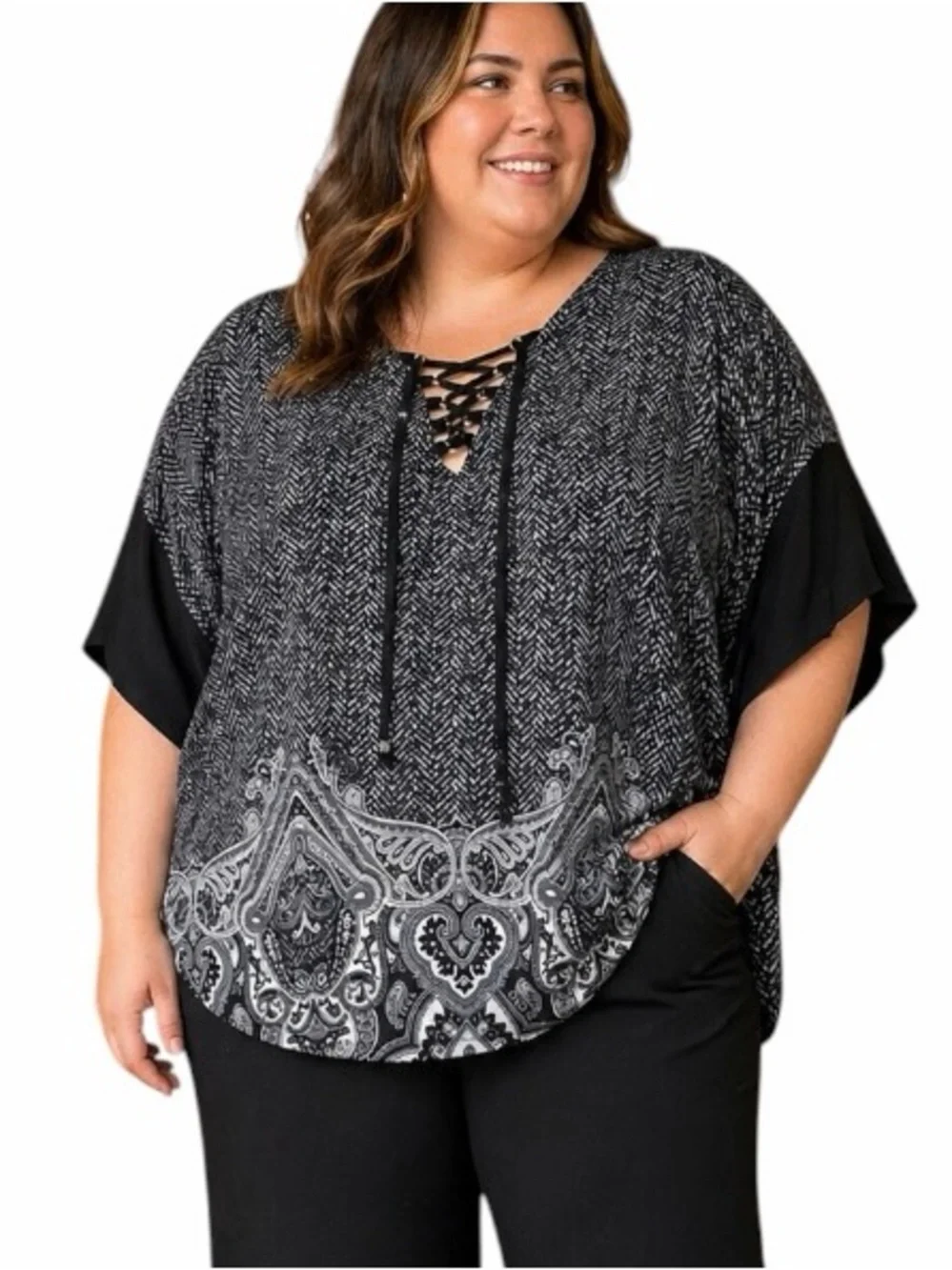 Michael Kors 1X Black White Poncho Style Blouse Tie Front